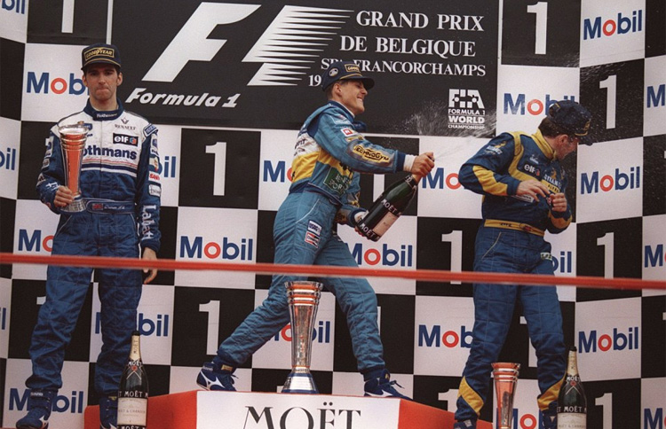 Schumacher celebrates victory at the Belgian Grand Prix
