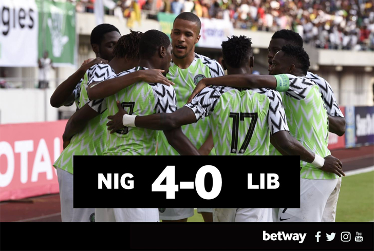Nigeria powered to a 4-0 win over Libya on Saturday as they fight to qualify for a spot at AFCON 2019