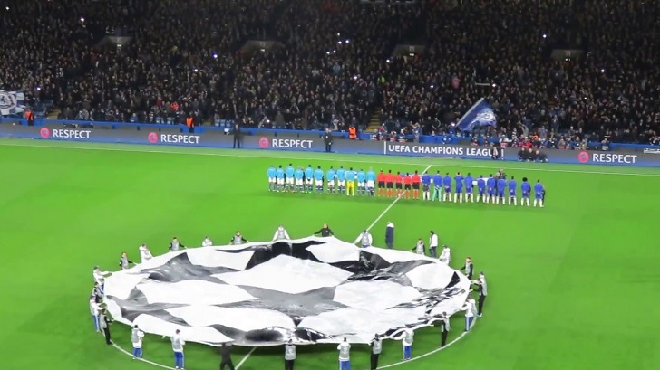 Teams lining up for the Champions League Anthem at Stamford Bridge